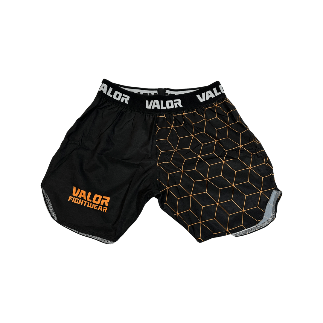 Valor Fightwear MMA Shorts Geometric Design No Gi BJJ/MMA Board Shorts - Orange/Black - Valor Fightwear