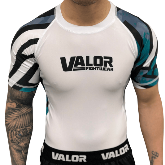 Geometric Design No Gi BJJ/MMA Rash Guard - White/Blue - Valor Fightwear Adult Rashguard Valor Fightwear   